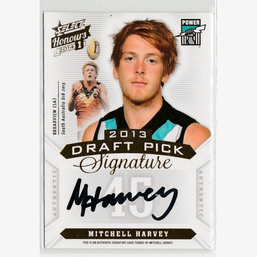 2014 AFL Select HONOURS 1 (2013) DRAFT PICK SIGNATURE - DPS21 Mitchell HARVEY (PORT ADELAIDE) No,9 of 400