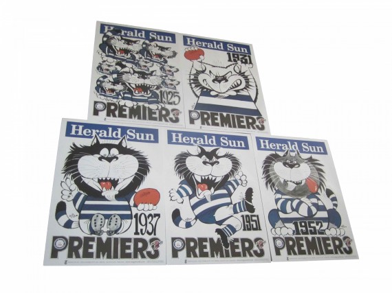 WEG POSTER SET GEELONG CATS X 5 1925 ~1952 PREMIERSHIP ALL SAME NUMBER - FREE POSTAGE