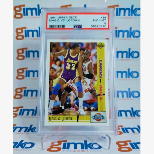 1991-92 NBA UPPER DECK BASKETBALL CLASSIC CONFRONTATION #34 MAGIC VS JORDAN GRADED PSA 8