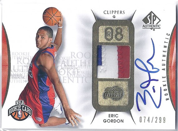 2008-09 Upper Deck Sp Authentic Eric Gordon 3 colour rookie autographed patch /299 ~ Los Angeles Clippers