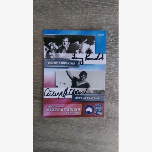 2011 APCS Inaugural State of Origin Captains Tommy Raudonikis & Arthur Beetson signed card