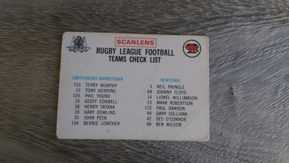 1974 Scanlens Rugby League Canterbury Bankstown/Newtown unmarked checklist card