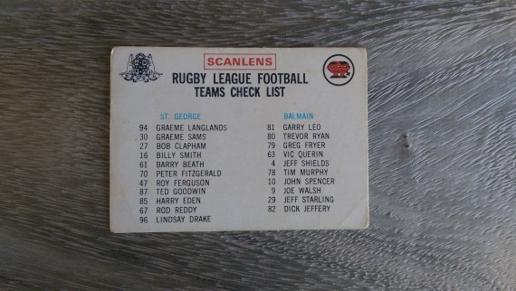 1974 Scanlens Rugby League St George/Balmain unmarked checklist card