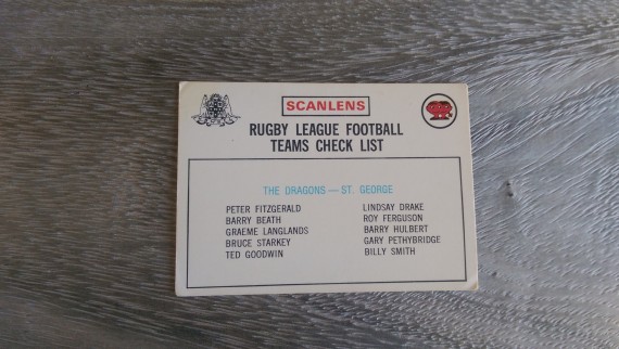 1975 Scanlens Rugby League St George Dragons unmarked checklist card, white back