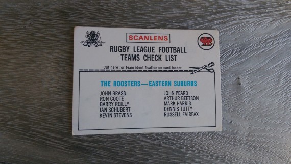 1976 Scanlens Rugby League Eastern Suburbs Roosters unmarked checklist card