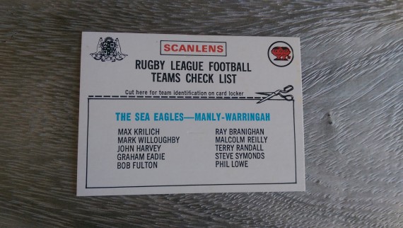 1976 Scanlens Rugby League Manly Warringah Sea Eagles unmarked checklist card