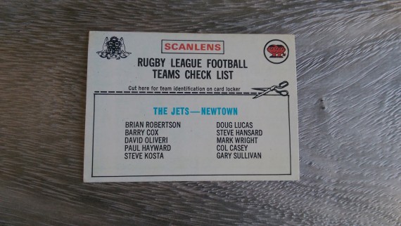 1976 Scanlens Rugby League Newtown Jets unmarked checklist card